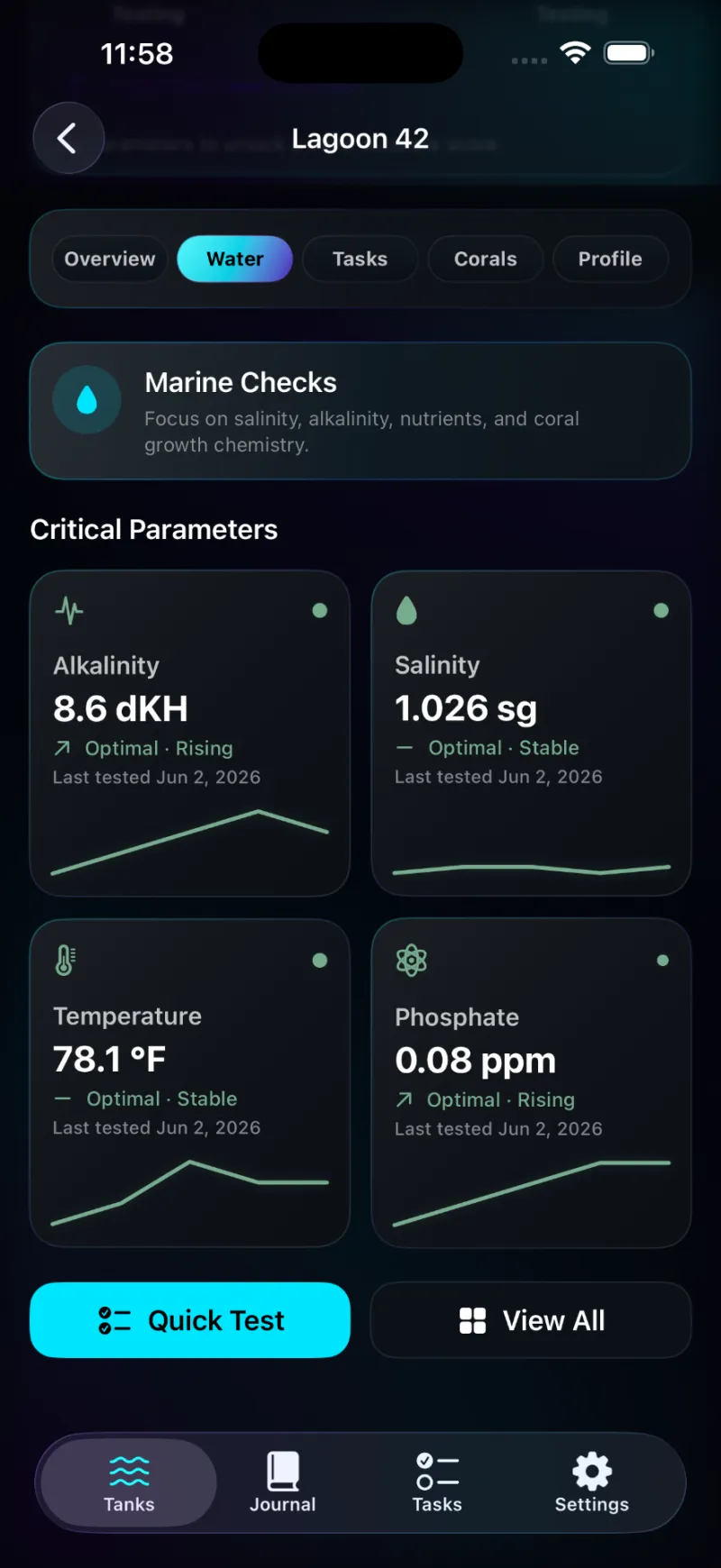 Reef Theory parameter tracking charts on iPhone