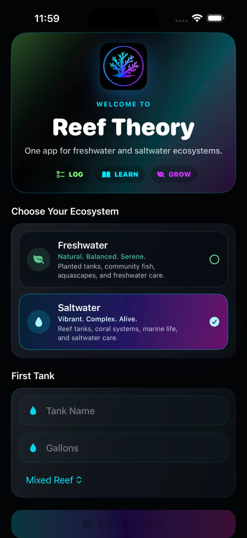 Reef Theory app onboarding screen showing ecosystem selection