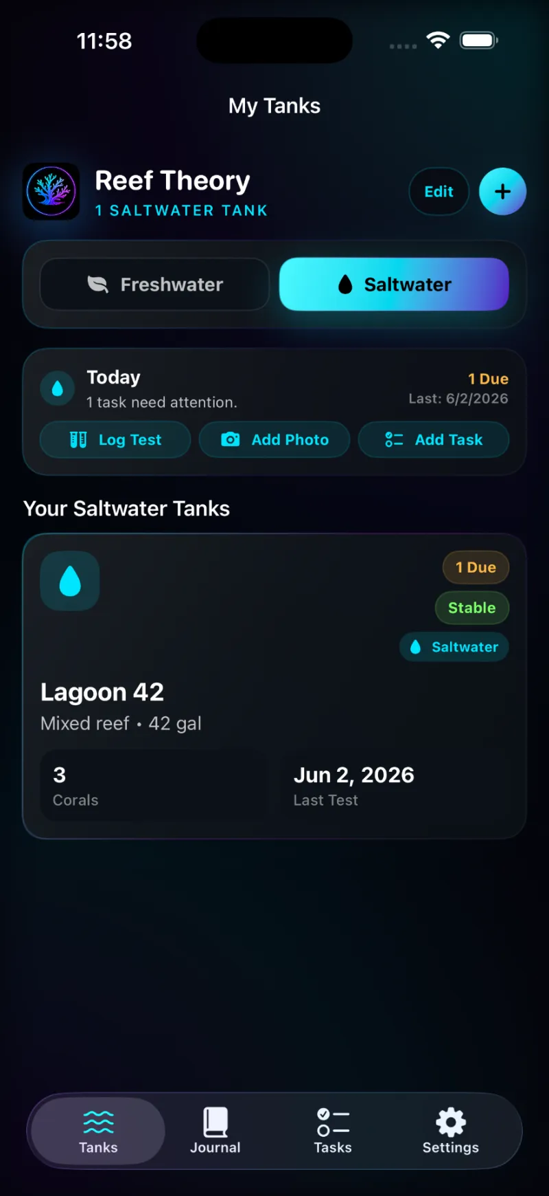 Reef Theory app — saltwater tank dashboard